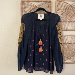 Figue Elisabetta Silk Embroidered Top Blouse‎ Boho Women's Sz S B15